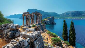 Ruins of an Ancient Greek temple. Ancient Roman forum ruins on the Mediterranean Sea. Temple to god Apollo. Old architecture on the sea with blue sky and crystal clear ocean photo