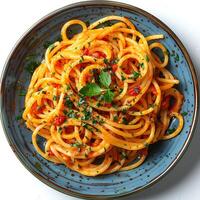 Spaghetti Milanese isolated on white background with shadow. Spaghetti Milanese on plate top view. Italian cuisine photo