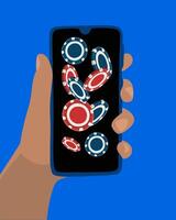 Illustration of online casino. Casino chips on the mobile phone screen. vector