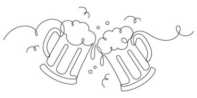 beer glass clinking in one line drawing funny and happy hour party celebration vector