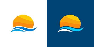 puesta de sol amanecer playa mar icono logo circulo ola ilustración vector