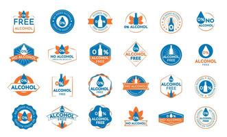el conjunto de alcohol gratis logo en un ilustración. grande azul colección insignias vector