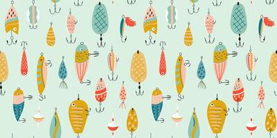 Fishing lures seamless pattern. Cute colorful fishing hook repeat background. Fathers day wallpaper, print for Dads day, fisherman equipment. Funny textile design, wrap paper, cartoon design. vector
