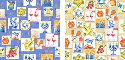 Set of seamless patterns for the holiday of Hanukkah. Painted with watercolors vector