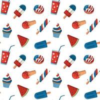 4th of July seamless pattern. American Independence Day theme. Treats in colors of the US national flag. Illustration on white background. vector