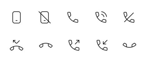 Phone call icons. sign such as incoming call, outgoing calls, silent, mute, global calls, online support, ringing, hangup, hold, call rejected, mobile phone. Editable Stroke illustration vector