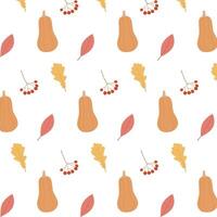 Colorful autumn seamless pattern with leaves, pumpkin and berries. Hand-drawn illustration. vector