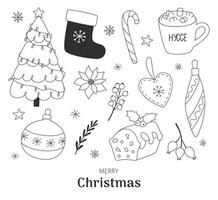 Contoured Christmas icons in doodle style. Collection of festive elements Christmas tree, sock, sweets, Christmas toys, twigs and more. vector
