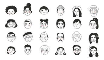 Set of different people's faces, human avatars collection. Different emotions, portrait with a positive facial expression. Hand-drawn illustration in doodle style. vector