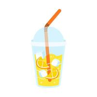 Fruit smoothie or juice in closed plastic cup with straw. Fresh lemonade. Take away summer drink with ice and lemon. Fresh lemon juice, tasty beverage flat illustration on white background. vector