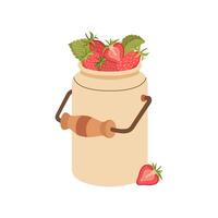 Can with strawberries. Iron basket full with strawberries. Farm symbol, berries in metal pail, vitamin and summer object. Gathered harvest in flat design style. flat illustration. vector