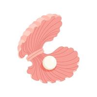 Pink open seashell with pearl. Treasure of sea and ocean isolated on white background. Summer beach accessory decorative element for jewelry brand, postcard. flat illustration. vector