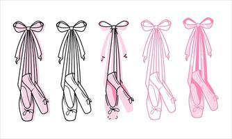 Set of ballet shoes in different styles. Ballet coquette core. Flat graphics isolated on white background vector