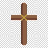 Brown wooden cross knitted with yellow thread, hope, memory, grave, flat design, simple image, cartoon style. Religion and faith concept. line icon for business and advertising vector