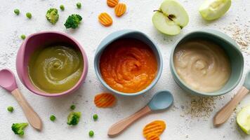 Healthy baby food in bowls. video