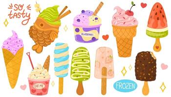 Ice creams. Desserts, sweet eating set. Yummy street food, confectionery snacks. Bubble waffle with filling, ice cream balls in cup, ice-cream in cone. Design elements set. vector