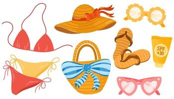 Straw hat, swimwear, sunglasses, flip flops, sun cream composition. Accessories, clothes for summer travel. Bikini, swimsuit, glasses for sea resort. Design elements set. vector