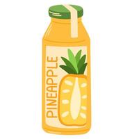 Juice drink in glass bottle. Cold fruit lemonade, summer refreshment. Fresh pineapple flavored beverage, sweet juicy natural cocktail. Flat illustration isolated vector