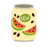 Soda drink, watermelon lemonade in tin. Fizzy carbonated berry flavored beverage, cold summer cocktail in aluminum can. Refreshment in metal jar. Flat illustration isolated vector