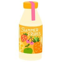 Cold summer cocktail in glass bottle. Fresh orange lemonade, citrus soda, juicy soft drink with citric flavor. Tasty fruit refreshment, juice. Flat illustration isolated vector