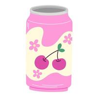 Soda drink, cherry lemonade in tin. Fizzy carbonated berry flavored beverage, cold summer cocktail in aluminum can. Refreshment in metal jar. Flat illustration isolated vector