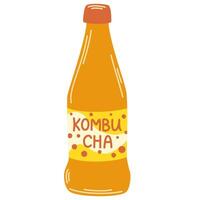 Kombucha tea in bottle. Cold summer beverage, refreshing lemonade. Healthy natural flavored juicy refreshment in glass package. Tea mushroom, tea fungus, or Manchurian mushroom. illustration vector