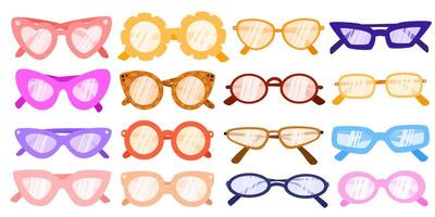 Various Sunglasses set. Different shapes, colors. Plastic, metal frame. Hand drawn modern. Design elements set. vector