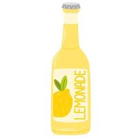 Cold lemonade in glass bottle. Fresh soda beverage, summer refreshment drink with lemon flavor, taste. Tasty sweet refreshing juicy liquid. Float illustration isolated vector