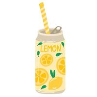 Lemon soda drink in aluminum can. Fresh fruit infused water, refreshing cold beverage, sweet juicy refreshment in metal steel tin. Flat graphic illustration vector