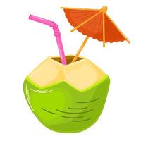 Fresh Tropical Cocktail in Coconut Half Cartoon Illustration vector