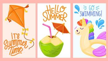 Summer time poster set. Hello summer text collection with elements for tropical holiday vacation. vector