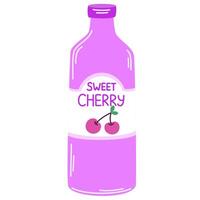 Juice drink in glass bottle. Cold fruit lemonade, summer refreshment. Fresh cherry berry flavored beverage, sweet juicy natural cocktail. Flat illustration isolated vector