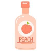 Juice drink in glass bottle. Cold fruit lemonade, summer refreshment. Fresh peach flavored beverage, sweet juicy natural cocktail. Flat illustration isolated vector