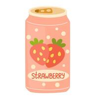 Soda drink, strawberry lemonade in tin. Fizzy carbonated berry flavored beverage, cold summer cocktail in aluminum can. Refreshment in metal jar. Flat illustration isolated vector