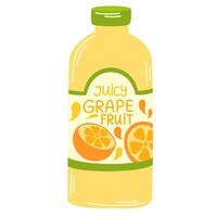 Juice drink in glass bottle. Cold fruit lemonade, summer refreshment. Fresh grapefruit flavored beverage, sweet juicy natural cocktail. Flat illustration isolated vector
