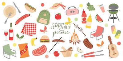 Outdoor elements. Picnic set illustration. Collection of BBQ Objects isolated on white with Fruits, Food, Grill, Chips, Lemonade. Hand Drawn Summer or Spring Flat or Cartoon Design for Poster vector