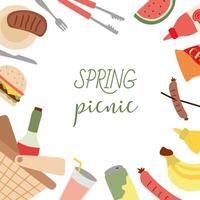 Picnic frame with copy space. Grill, basket, food, Burger, Fruits and gadgets square border. Summer outdoor holiday activity elements. Weekend bbq meal. flat illustration with Space for text vector