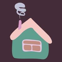 Small Colorful crooked house in Flat style with Smoke from Chimney, Roof and Window. Cartoon Children drawing Isolated illustration. Design art Home for Sticker, Card, Poster. vector