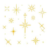 Pixel art sparkling stars, bright yellow sparkle star, Stars, glitter, sparkles. Starry sky pixel art set. vector