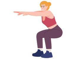 mujer haciendo ponerse en cuclillas rutina de ejercicio ilustración. vector