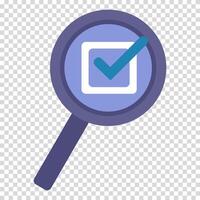 Magnifying glass, check mark, square, verification, compliance with requirements, proven product, simple image, cartoon style. Quality control concept. line icon for business and advertising vector