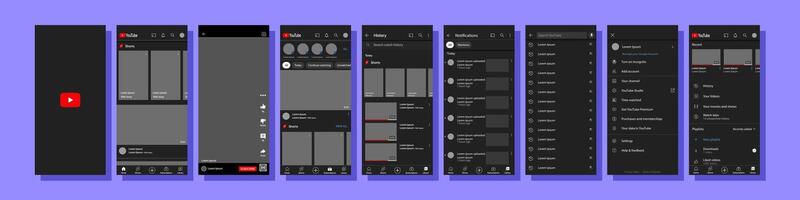 YouTube mobile interface. You Tube screen social media, social network interface template. Homepage, logo, recommendations, subscription, profile. Stream, stories, liked screenshot Editorial vector