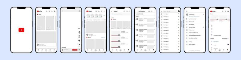 YouTube mobile interface. You Tube screen social media, social network interface template. Homepage, logo, recommendations, subscription, profile. Stream, stories, liked screenshot Editorial vector