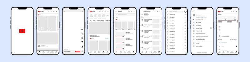 Youtube móvil interfaz. usted tubo pantalla social medios de comunicación, social red interfaz modelo. página principal, logo, recomendaciones, suscripción, perfil. arroyo, cuentos, apreciado captura de pantalla editorial vector