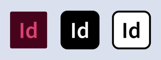 Adobe InDesign logotype. Adobe application logo. Black, white and original color. Editorial. ullistration. vector