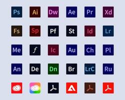 Photoshop, Lightroom, adobe acrobat, Bridge, Spark, illustrator, Experience Designm after effect, InDesign, Experience Cloud logotype, etc. Adobe application logo Original color Editorial vector