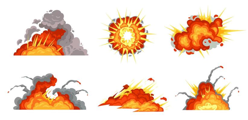 Cartoon explosions. Exploding bomb, fire cloud and explosion burst