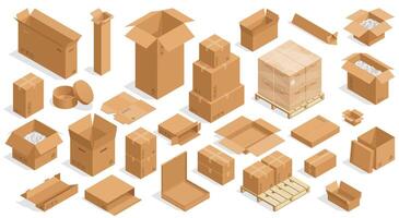 Isometric open boxes. Closed and open cardboard carton crates, square and rectangular packaging containers. isolated set vector
