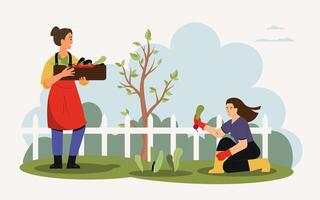 People working at garden, grow tree in yard vector