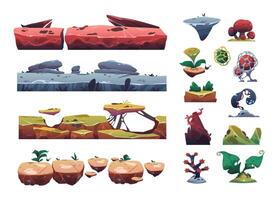 juego nivel suelo elementos. dibujos animados juego de plataformas juego conjunto de mosaicos, fantasía juego activo con piedras, árbol tocón, césped, y rocas aislado conjunto vector